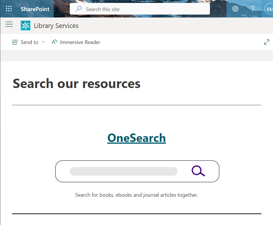 An image showing the library serrvices page of My brighton, in the middle of the image is the link to OneSearch.