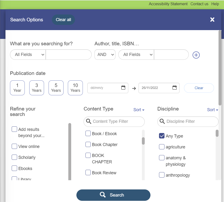 An image of the OneSearch advanced search page, it has an option to fill in key words, author title and isbn, buttons to select a publication date  or to select a specific date, a place to refine your search to specific types of content such as ebooks or library, as well as content type and discipline checkboxes