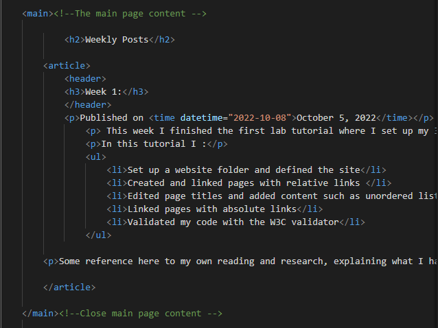 A screenshot of a Code editor with a dark background, the  code is cut of on the right. the code shows the above text in its HTML format.